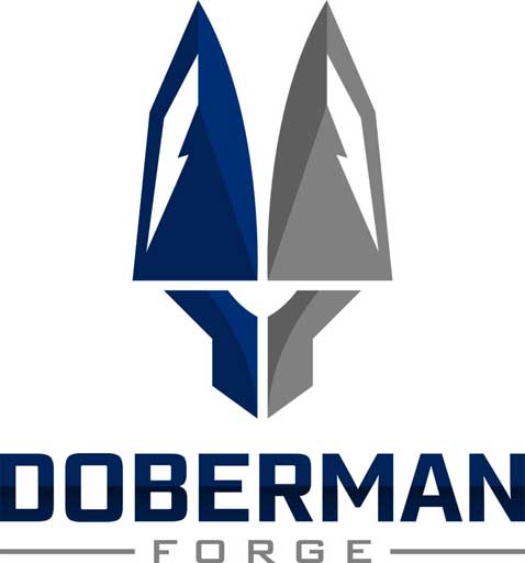 modern chef knives making up the silhouette of a doberman head logo white background
