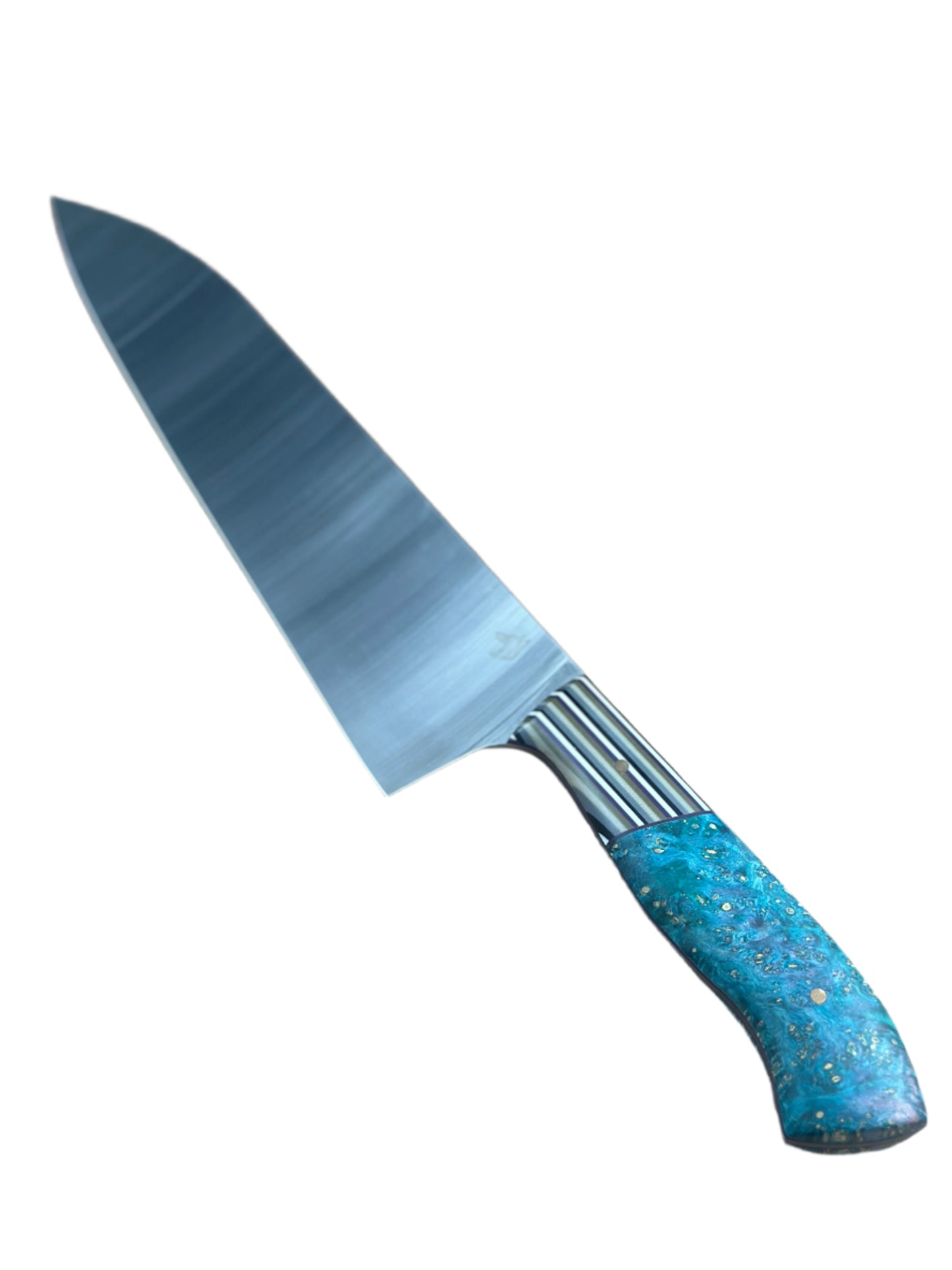 An 8-inch gyuto chef knife with a striped bolster handle featuring a blue and black color pattern.