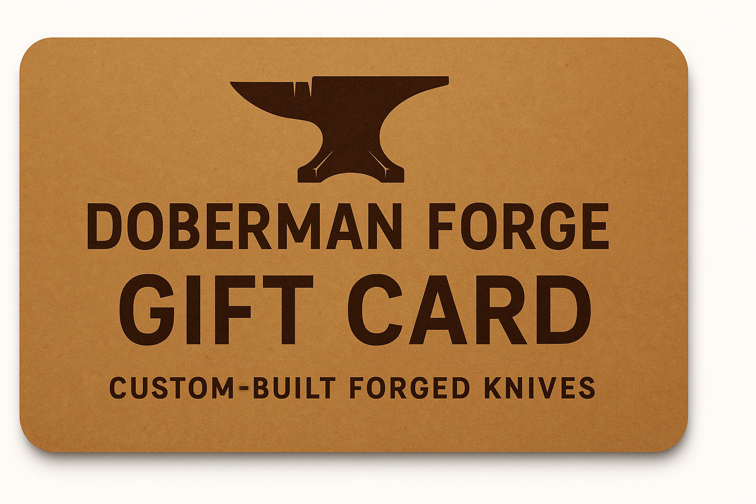 Doberman Forge gift card with an anvil logo on a brown background