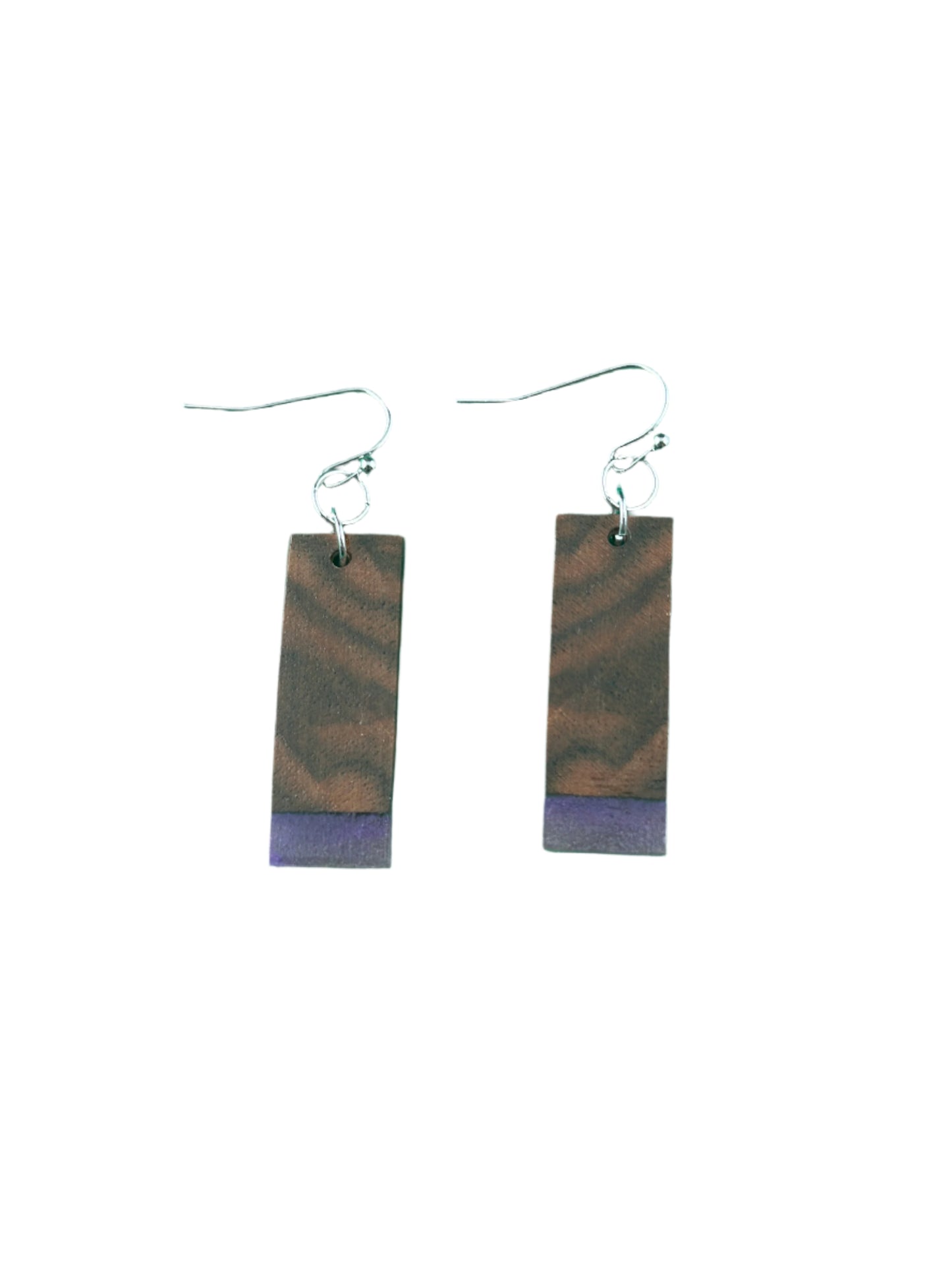 Wood Dangle Earrings - Purple Resin Tipped