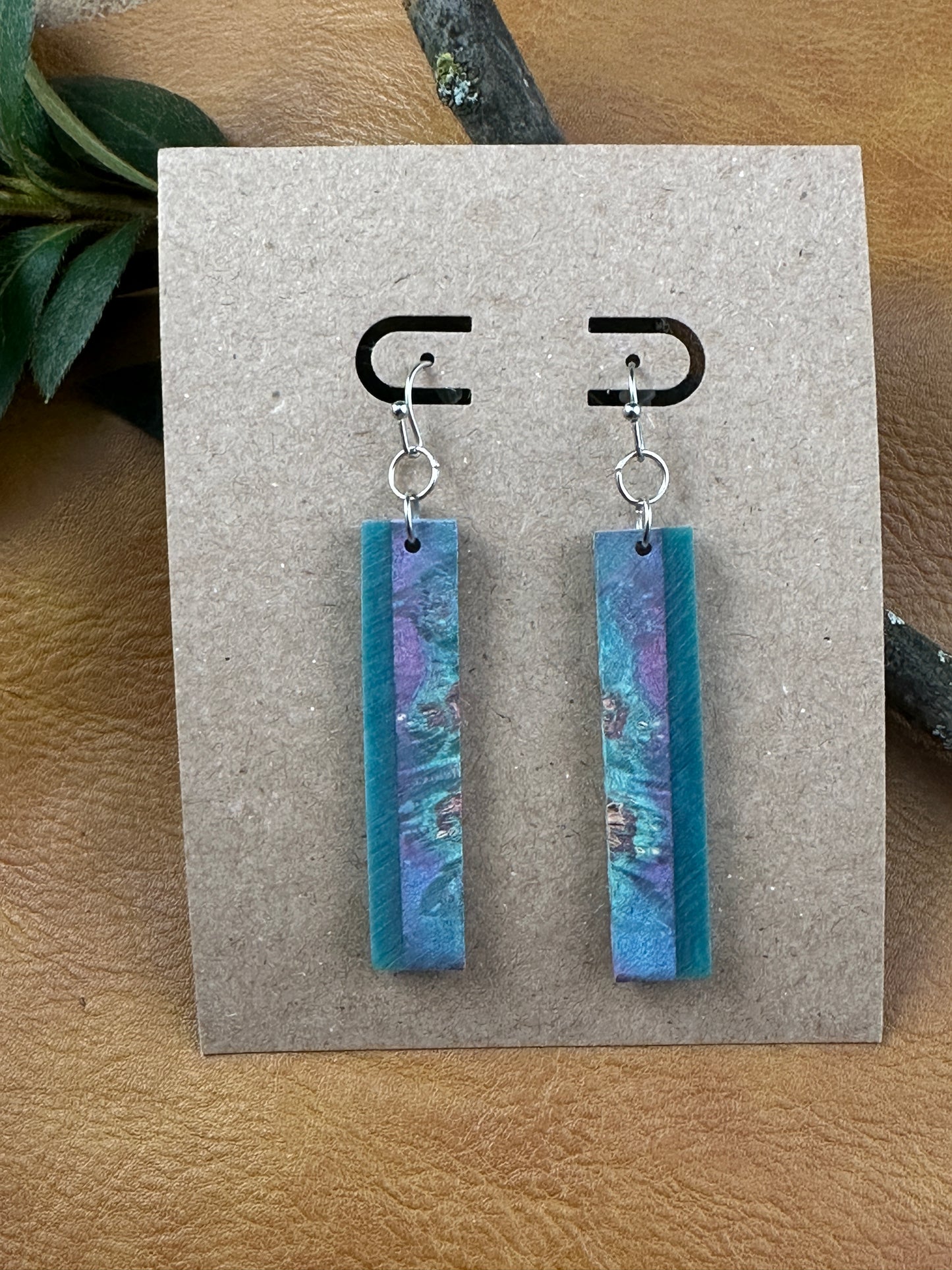 Wood Dangle Earrings - Tie-dye w/ stripe