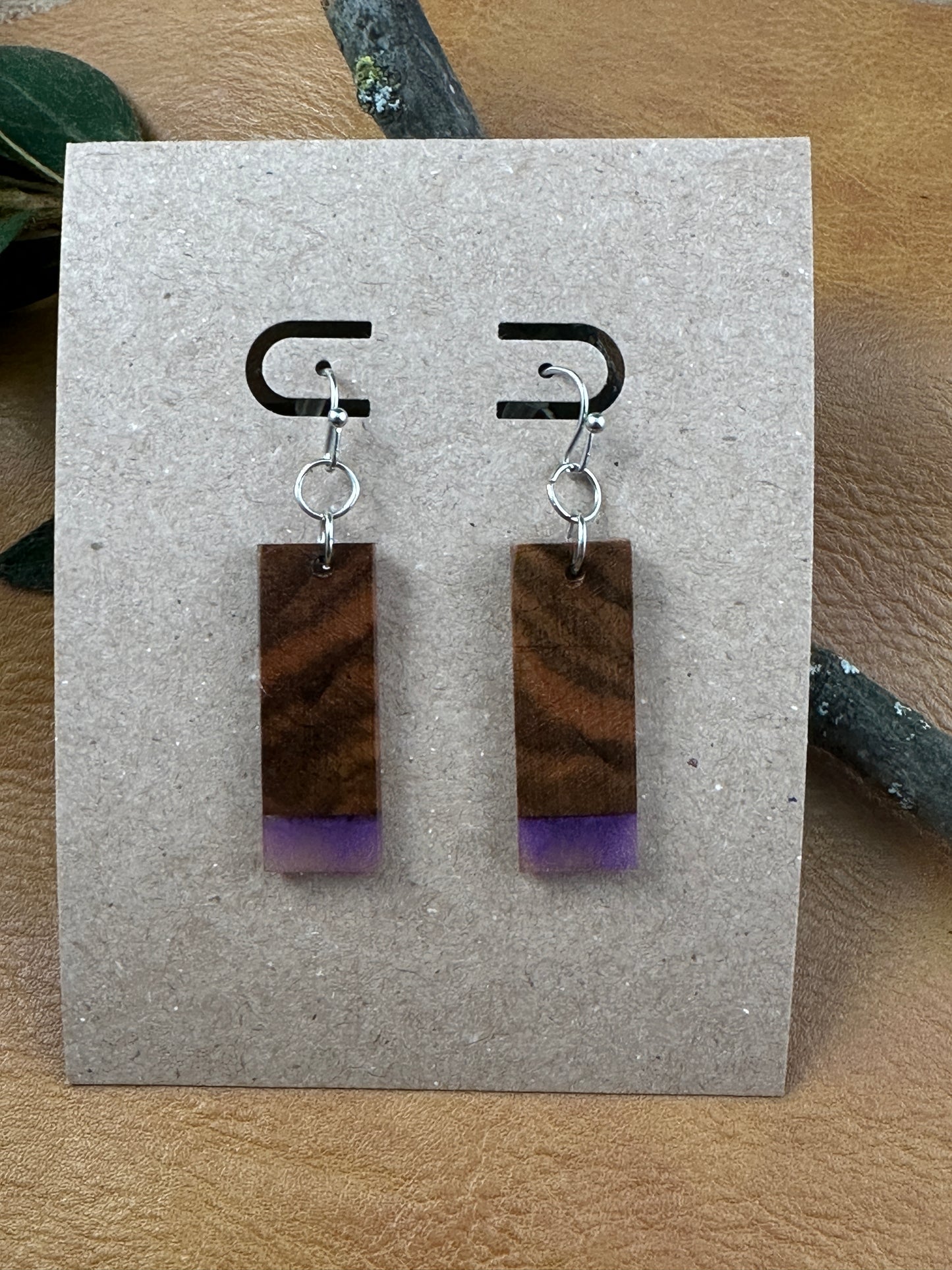 Wood Dangle Earrings - Purple Resin Tipped