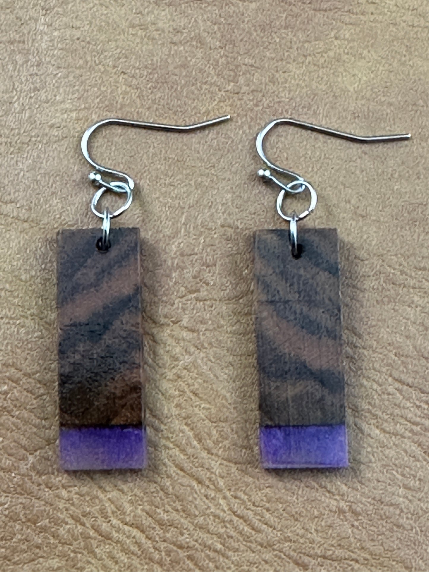 Wood Dangle Earrings - Purple Resin Tipped