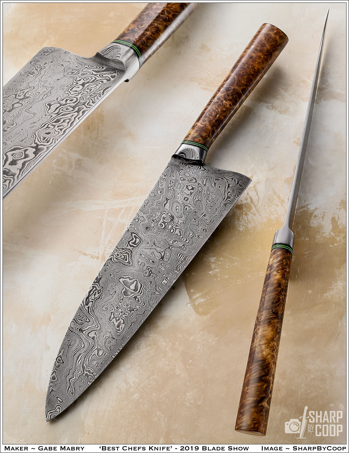 award winning chef knife integral damascus with amboyna wood handle and green accents