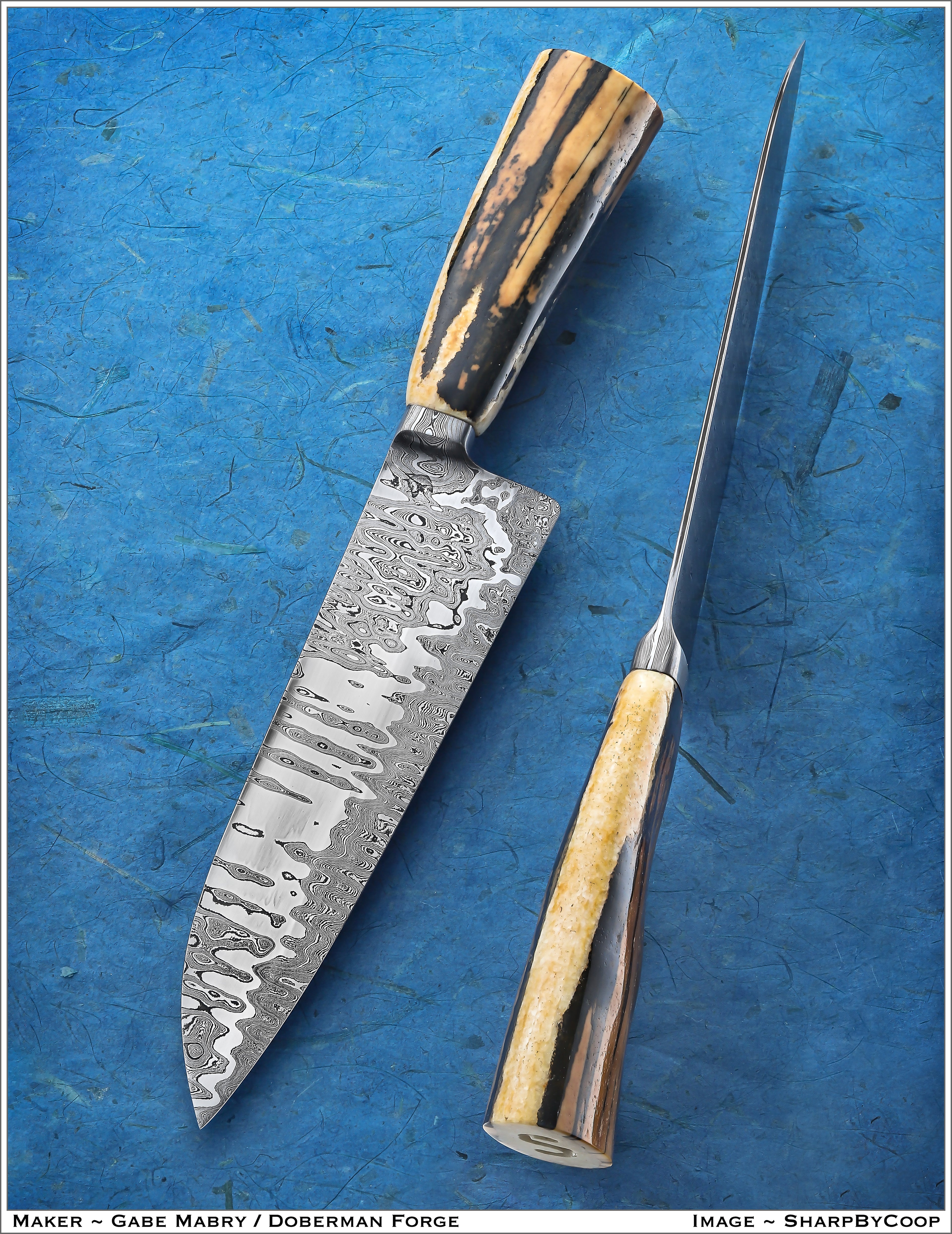 Hand forged damascus integral chef knife on blue background