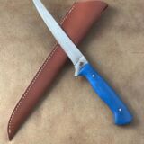 Blue Swirl Resin Perfect model Filet knife – Stiff flex w/ leather sheath
